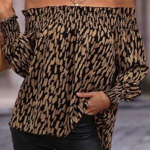 Brown and Gold Asymmetrical 3/4 Sleeve off shoulder high /low Blouse (57)